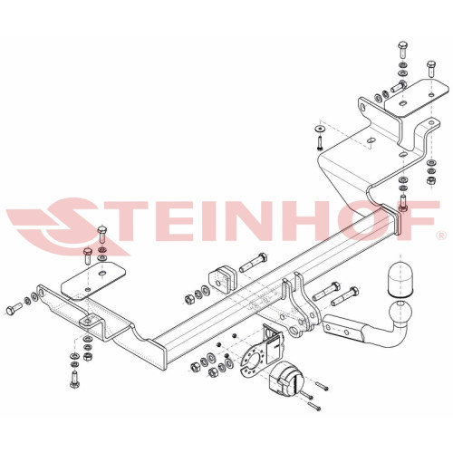 V-312 STEINHOF Фаркоп на Volvo S40 седан 1995-2000, Volvo V40 универсал 1995-2000. Требуется подрезка бампера. Тип шара: A. Нагрузки: 1600/80 кг, масса фаркопа 14,8 кг (без электрики в комплекте)