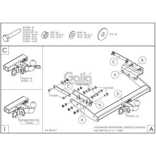 V027C GALIA Полностью оцинкованный фаркоп на Volkswagen T4: Transporter/Caravelle/Multivan 1990-2003, включая 4WD. Тип шара: C (горизонтальный съемный). Установка без снятия и выреза бампера. Нагрузки: 2000/100 кг, масса фаркопа 19,17 кг