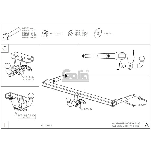 V073A GALIA Полностью оцинкованный фаркоп на Volkswagen Golf VII универсал 2WD/4WD 2013-2019. Тип шара: A. Без выреза бампера. Нагрузки: 2000/100 кг, масса фаркопа 12,12 кг