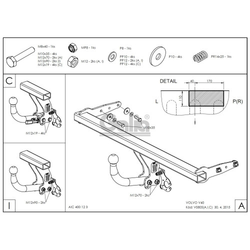 V080C GALIA Полностью оцинкованный фаркоп на Volvo V40 2012-2019. Тип шара: C (горизонтальный съемный). Без выреза бампера. Нагрузки: 1700/75 кг, масса фаркопа 14,37 кг