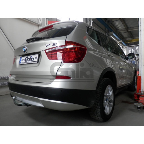 B019V GALIA Полностью оцинкованный фаркоп на BMW X3 F25 2010-2017, BMW X4 F26 2014-2018, кроме моделей с M-пакетом. Подрозетник убирается за бампер. Тип шара: AV (вертикальное быстросъемное крепление шара на ключе). Установка без выреза бампера. Нагрузки: