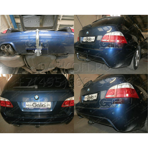 B022C GALIA Полностью оцинкованный фаркоп на BMW 5-Series E60 седан / E61 универсал 2003-2010, в т.ч. подходит с M-пакет. Подрозетник убирается за бампер. Тип шара: C (горизонтальный съемный). Невидимый вырез бампера. Нагрузки: 2000/90 кг, масса фаркопа 1