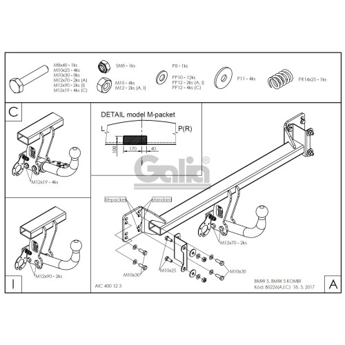 B022C GALIA Полностью оцинкованный фаркоп на BMW 5-Series E60 седан / E61 универсал 2003-2010, в т.ч. подходит с M-пакет. Подрозетник убирается за бампер. Тип шара: C (горизонтальный съемный). Невидимый вырез бампера. Нагрузки: 2000/90 кг, масса фаркопа 1