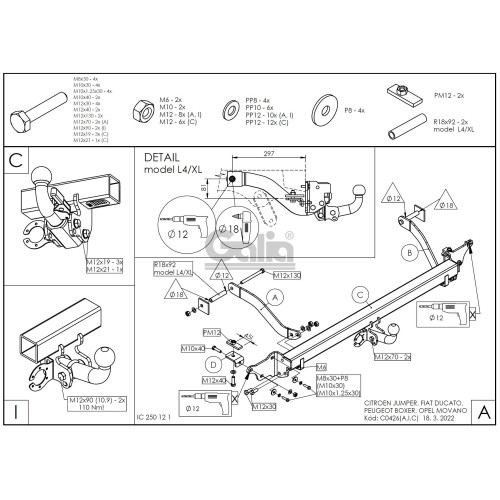 C042C GALIA Полностью оцинкованный фаркоп на Citroen Jumper 2006-, FIAT Ducato III 2006-, Peugeot Boxer 2006-, Opel Movano 2021-, Toyota Proace Max 2024- L1, L2, L3, L4. Тип шара: C (горизонтальный съемный). Установка без выреза бампера. Нагрузки: 3000/15
