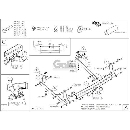 C050C GALIA Полностью оцинкованный фаркоп на Citroen Jumpy 2006-2016, FIAT Scudo 2007-2016, Peugeot Expert 2007-2016, Toyota Proace 2013-2016, Citroen Dispatch 2006-2016 в т.ч. с парктрониками. Тип шара: C (горизонтальный съемный). Невидимый вырез бампера