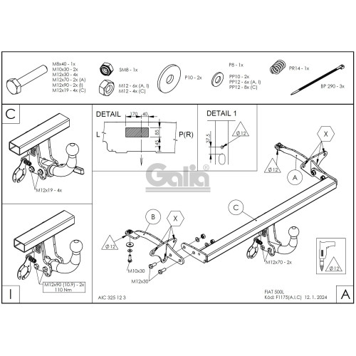 F117A GALIA Полностью оцинкованный фаркоп на FIAT 500L 2012-2022. Подрозетник убирается за бампер. Тип шара: A. Невидимый вырез бампера. Нагрузки: 1200/85 кг, масса фаркопа 12,52 кг