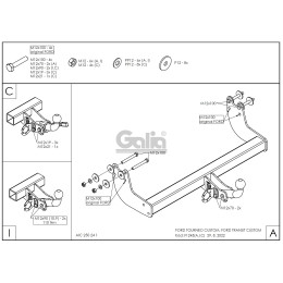F124C GALIA Полностью оцинкованный фаркоп на Ford Tourneo Custom 2012-2022, Ford Transit Custom 2012-2022. Тип шара: C (горизонтальный съемный). Установка без снятия и вырез