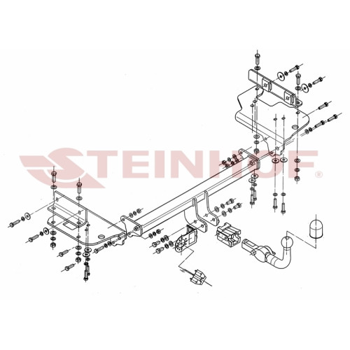 H-279 STEINHOF Фаркоп на Hyundai Tucson 2004-2010, Kia Sportage II 01/2005-07/2010. Требуется подрезка бампера. Тип шара: AH (горизонтальное быстросъемное крепление шара на ключе). Нагрузки: 1800/75 кг, масса фаркопа 25,2 кг (без электрики в комплекте)