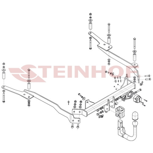 P-016 STEINHOF Фаркоп на Peugeot 607 седан 2000-2010. Требуется подрезка бампера. Тип шара: AV (вертикальное быстросъемное крепление шара на ключе). Нагрузки: 1850/85 кг, масса фаркопа 16,9 кг (без электрики в комплекте)