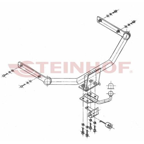 S-155 STEINHOF Фаркоп на Seat Leon хетчбек 5 дверей 2000-2005. Требуется подрезка бампера. Тип шара: H (сварное крепление шара). Нагрузки: 1500/75 кг, масса фаркопа 16,1 кг (без электрики в комплекте)