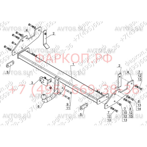 TY 36 AVTOS Фаркоп на Toyota Hilux с силовым брусом (для машин без подготовки) 2006-2015 без подрезки бампера. Тип шара: A. Нагрузки: 2500/100 кг, масса фаркопа 24 кг (без электрики в комплекте)