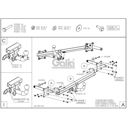 V090C GALIA Полностью оцинкованный фаркоп на Volkswagen Caddy 2020-, Ford Tourneo Connect 2022-, Ford Transit Connect 2022-. Тип шара: C (горизонтальный съемный). Установка без выреза бампера. Нагрузки: 1500/80 кг, масса фаркопа 17,07 кг