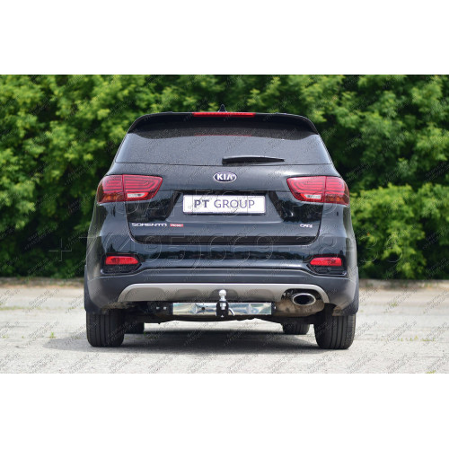 HSF-18-991124.00 PT GROUP Фаркоп с нержавеющей накладкой на Kia Sorento Prime рестайлинг 2018-2020, Hyundai Santa Fe 2018-2021 без подрезки бампера. Тип шара: E (легкосъемный шар под квадрат). Нагрузки: 2600/100 кг, масса фаркопа 25,5 кг (без электрики в 