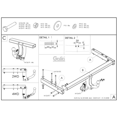 A023C GALIA Полностью оцинкованный фаркоп на Audi A6 седан/универсал, включая 4WD (Quattro) 1997-2004. Подрозетник убирается за бампер. Тип шара: C (горизонтальный съемный). Невидимый вырез бампера. Нагрузки: 2100/85 кг, масса фаркопа 20,77 кг