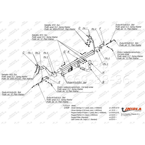 C.029 IMIOLA Фаркоп Citroen Berlingo L1 SWB длина базы 4380 мм 2008-2019, 2019-, Peugeot Partner II L1 SWB длина базы 4380 мм 2008-2019, 2019-, Peugeot Rifter L1 2019-, Opel Combo L1 2018-, Toyota Proace City L1 2019-. Тип шара: A. Нагрузки: 1600/65 кг (б