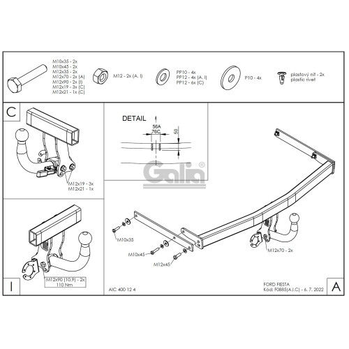 F088C GALIA Полностью оцинкованный фаркоп на Ford Fiesta 2002-2008. Особенности: колесная база 2486 мм. Тип шара: C (горизонтальный съемный). Требуется подрезка бампера. Нагрузки: 900/50 кг, масса фаркопа 15,36 кг