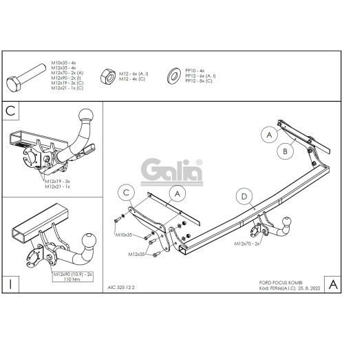 F096A GALIA Полностью оцинкованный фаркоп на Ford Focus II универсал 2004-2011. Тип шара: A. Без выреза бампера. Нагрузки: 1500/75 кг, масса фаркопа 15,52 кг