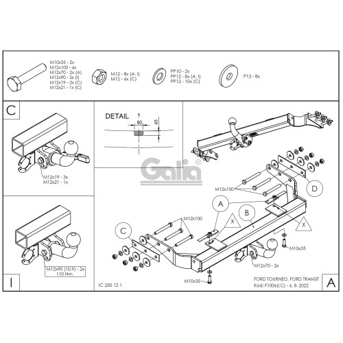 F100A GALIA Полностью оцинкованный фаркоп на Ford Transit 2000-2014 без ступеньки. Тип шара: A. Балка фаркопа скрыта. Невидимая минимальная подрезка бампера. Нагрузки: 3500/112 кг, масса фаркопа 14,02 кг