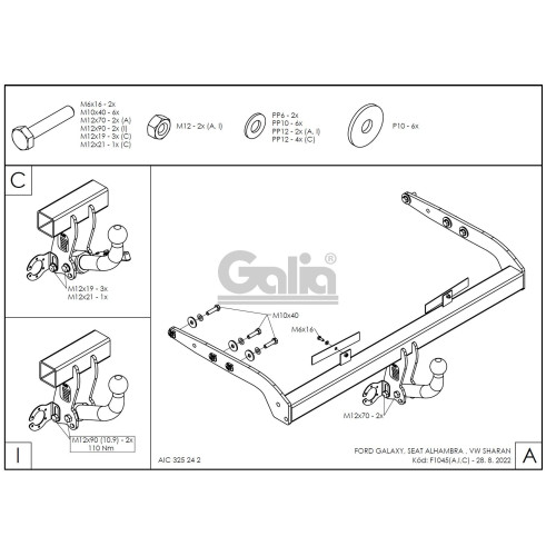 F104C GALIA Полностью оцинкованный фаркоп на Ford Galaxy 2000-2006, SEAT Alhambra 2000-2010, Volkswagen Sharan 2000-2010 2WD/4WD. Подрозетник убирается за бампер. Тип шара: C (горизонтальный съемный). Без выреза бампера. Нагрузки: 2000/85 кг, масса фаркоп