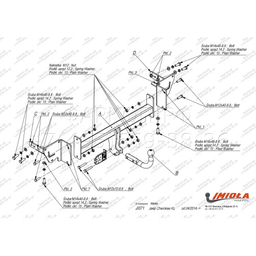 J.071 IMIOLA Фаркоп Jeep Cherokee KL 2014-2018. Требуется невидимая подрезка бампера. Тип шара: A. Нагрузки: 2500/150 кг (без электрики в комплекте)