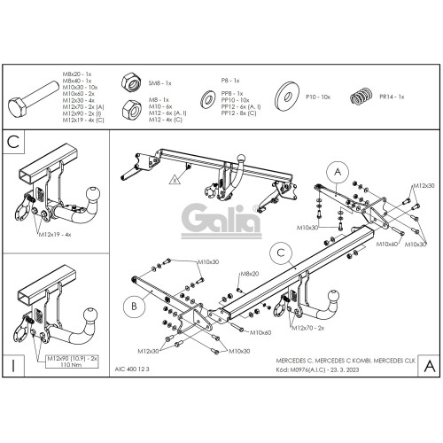M097C GALIA Полностью оцинкованный фаркоп на Mercedes C-Class w203 седан / s203 универсал 2000-2007, Mercedes CLK-Class 2002-2009. Особенности: для нестандартного бампера требуется большой вырез. Подрозетник убирается за бампер. Тип шара: C (горизонтальны