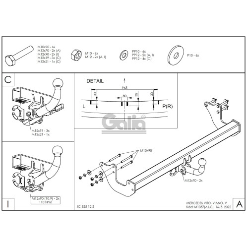 M108A GALIA Полностью оцинкованный фаркоп на Mercedes V-Class w447 2014-, Mercedes Vito w639 2003-2014, w447 2014-, Mercedes Viano w639 2003-2014. Особенности: задний привод, после 07/2010- необходима большая подрезка бампера. Тип шара: A. Невидимый вырез