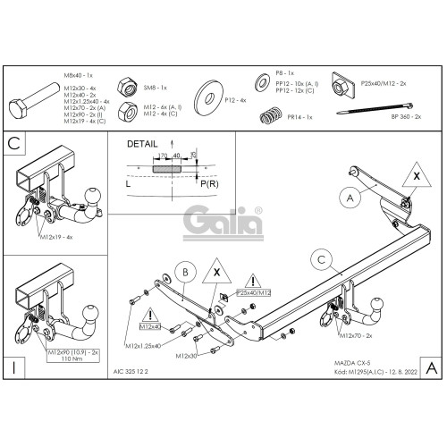M129A GALIA Полностью оцинкованный фаркоп на Mazda CX-5 2012-2017, 2017-2025. Подрозетник убирается за бампер. Тип шара: A. Невидимый вырез бампера. Нагрузки: 2100/100 кг, масса фаркопа 18,5 кг
