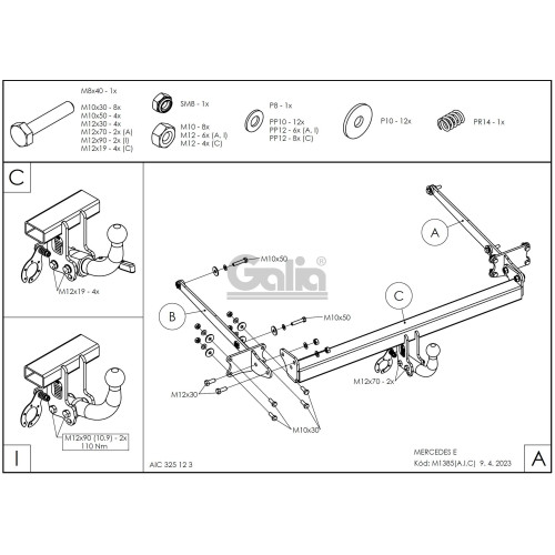 M138C GALIA Полностью оцинкованный фаркоп на Mercedes E-Class w212 седан, кроме AMG 2009-2016. Подрозетник убирается за бампер. Тип шара: C (горизонтальный съемный). Без выреза бампера. Нагрузки: 2200/100 кг, масса фаркопа 20,37 кг