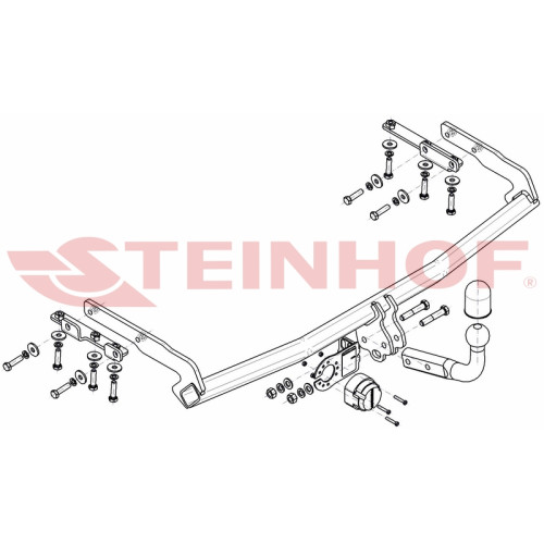 N-016 STEINHOF Фаркоп на Nissan Almera Tino 2000-2006. Требуется подрезка бампера. Тип шара: A. Нагрузки: 1600/75 кг, масса фаркопа 13,1 кг (без электрики в комплекте)