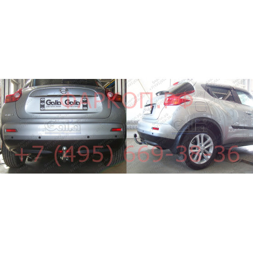 N053A GALIA Полностью оцинкованный фаркоп на Nissan Juke 2WD 2011-2019. Подрозетник убирается за бампер. Шар перекрывает противотуманную фару. Тип шара: A. Невидимый вырез бампера. Нагрузки: 1400/75 кг, масса фаркопа 17,07 кг