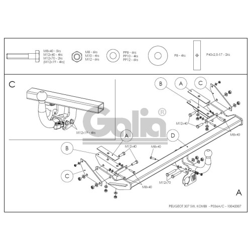 P036C GALIA Полностью оцинкованный фаркоп на Peugeot 307 универсал 2002-2008. Подрозетник убирается за бампер. Тип шара: C (горизонтальный съемный). Установка без снятия и выреза бампера. Нагрузки: 1500/70 кг, масса фаркопа 18,77 кг