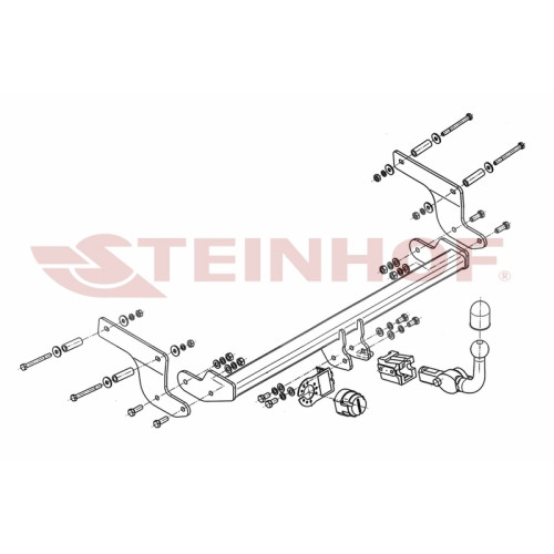 R-028 STEINHOF Фаркоп на Renault Clio IV хетчбек 5 дверей 2012-2016, 2016-2019. Требуется подрезка бампера. Тип шара: AH (горизонтальное быстросъемное крепление шара на ключе). Нагрузки: 1300/75 кг, масса фаркопа 18,4 кг (без электрики в комплекте)