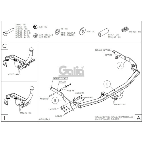 R079A GALIA Полностью оцинкованный фаркоп на Renault Espace 2002-2014, Renault Grand Espace 2003-2014. Подрозетник убирается за бампер. Тип шара: A. Установка без снятия и выреза бампера. Нагрузки: 2000/80 кг, масса фаркопа 19,75 кг