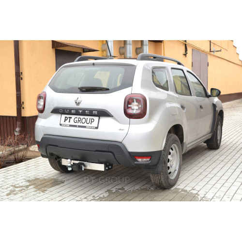 RDU-21-991124.00 PT GROUP Фаркоп с нержавеющей накладкой на Renault Duster 2021-2022 без подрезки бампера. Тип шара: E (легкосъемный шар под квадрат). Нагрузки: 1600/75 кг, масса фаркопа 19 кг (без электрики в комплекте)