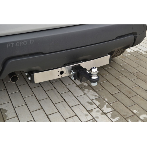 RDU-21-991124.00 PT GROUP Фаркоп с нержавеющей накладкой на Renault Duster 2021-2022 без подрезки бампера. Тип шара: E (легкосъемный шар под квадрат). Нагрузки: 1600/75 кг, масса фаркопа 19 кг (без электрики в комплекте)