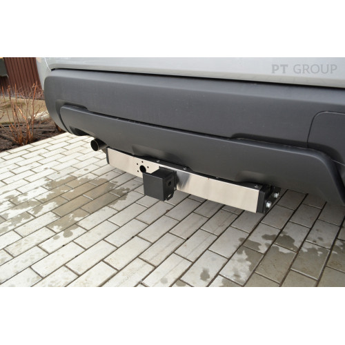 RDU-21-991124.00 PT GROUP Фаркоп с нержавеющей накладкой на Renault Duster 2021-2022 без подрезки бампера. Тип шара: E (легкосъемный шар под квадрат). Нагрузки: 1600/75 кг, масса фаркопа 19 кг (без электрики в комплекте)