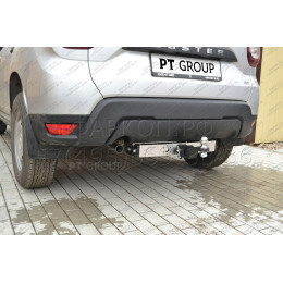 RDU-21-991124.00 PT GROUP Фаркоп с нержавеющей накладкой на Renault Duster 2021-2022 без подрезки бампера. Тип шара: E (легкосъемный шар под квадрат). Нагрузки: 1600/75