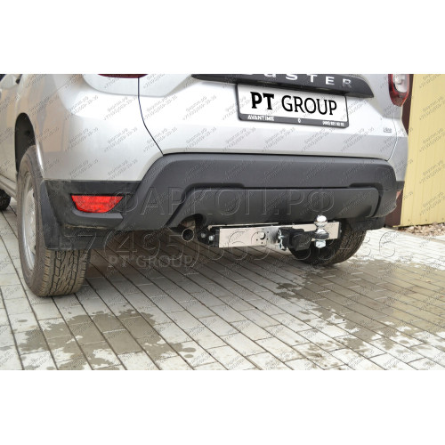 RDU-21-991124.00 PT GROUP Фаркоп с нержавеющей накладкой на Renault Duster 2021-2022 без подрезки бампера. Тип шара: E (легкосъемный шар под квадрат). Нагрузки: 1600/75 кг, масса фаркопа 19 кг (без электрики в комплекте)