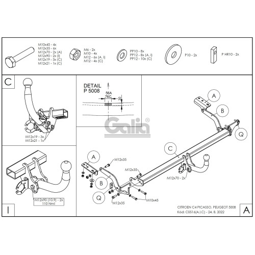 C051C GALIA Полностью оцинкованный фаркоп на Citroen C4 Picasso 2006-2013, Citroen C4 Grand Picasso 2006-2013, Peugeot 5008 2009-2017. Тип шара: C (горизонтальный съемный). Невидимая минимальная подрезка бампера. Нагрузки: 1600/75 кг, масса фаркопа 17,97 