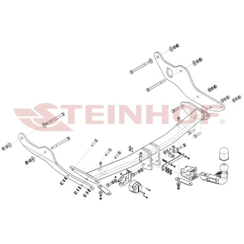 H-293 STEINHOF Фаркоп на Hyundai Staria 2022-. Требуется подрезка бампера. Тип шара: AH (горизонтальное быстросъемное крепление шара на ключе). Нагрузки: 2500/120 кг, масса фаркопа 29,2 кг (без электрики в комплекте)