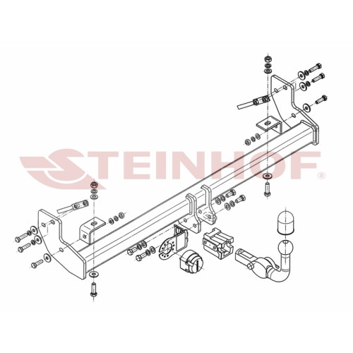 J-069 STEINHOF Фаркоп на Jeep Wrangler TJ 1996-2007 без снятия и подрезки бампера. Тип шара: AH (горизонтальное быстросъемное крепление шара на ключе). Нагрузки: 2100/90 кг, масса фаркопа 20 кг (без электрики в комплекте)