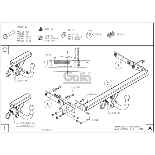 M113C GALIA Полностью оцинкованный фаркоп на Mercedes A-Class w169 2004-2012, Mercedes B-Class w245 2005-2011. Подрозетник убирается за бампер. Тип шара: C (горизонтальный съемный). Невидимый вырез бампера. Нагрузки: 1500/75 кг, масса фаркопа 16,37 кг