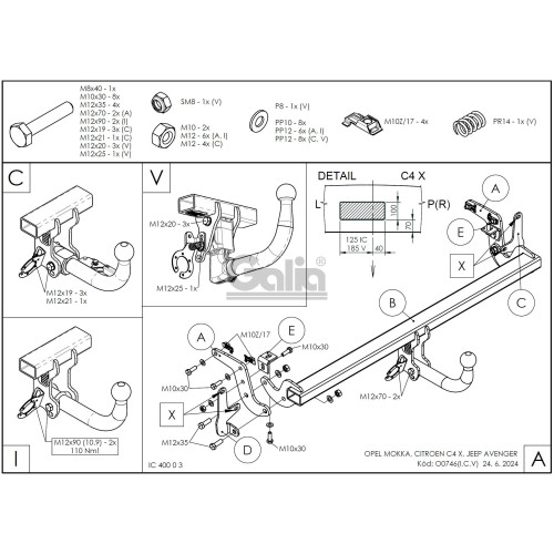 O074A GALIA Полностью оцинкованный фаркоп на Citroen C4 X 2023-, Opel Mokka 2020-, Jeep Avenger 2023-. Тип шара: A. Невидимый вырез бампера. Нагрузки: 1400/85 кг, масса фаркопа 16,02 кг