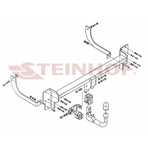 P-043 STEINHOF Фаркоп на Peugeot 407 универсал 2004-2011. Требуется подрезка бампера. Тип шара: AV (вертикальное быстросъемное крепление шара на ключе). Нагрузки: 1600/75 кг, масса фаркопа 24,4 кг (без электрики в комплекте)