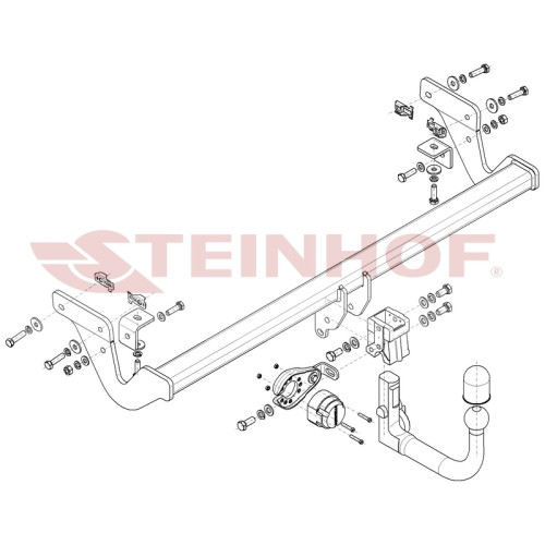 P-073 STEINHOF Фаркоп на Peugeot 2008 2019-. Требуется подрезка бампера. Тип шара: AV (вертикальное быстросъемное крепление шара на ключе). Нагрузки: 1300/80 кг, масса фаркопа 14,05 кг (без электрики в комплекте)