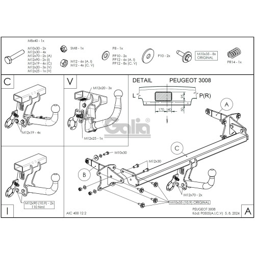 P050A GALIA Полностью оцинкованный фаркоп на Citroen C5 Aircross 2025-, Peugeot 3008 2024-, Peugeot 5008 2024-, Opel Grandland 2024-. Тип шара: A. Невидимый вырез бампера. Нагрузки: 2000/100 кг, масса фаркопа 18,52 кг