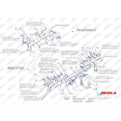 R.A69 IMIOLA Фаркоп Renault Koleos 2017-2020, Nissan X-Trail T32 2017-2022. Тип шара: быстросъемный шар с вертикальным съемом. Нагрузки: 2000/100 кг (без электрики в комплекте)