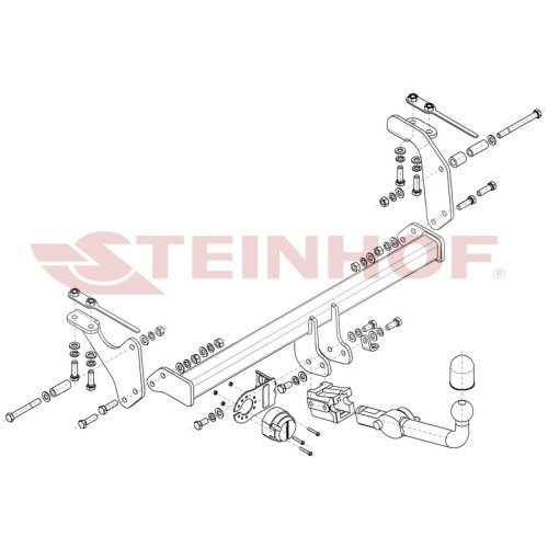 S-429 STEINHOF Фаркоп на Suzuki Jimny (A6G) 07/2018- без подрезки бампера. Тип шара: AH (горизонтальное быстросъемное крепление шара на ключе). Нагрузки: 1500/90 кг, масса фаркопа 11,8 кг (без электрики в комплекте)