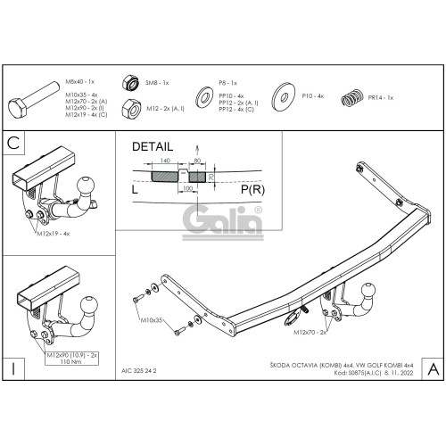 S087C GALIA Полностью оцинкованный фаркоп на Skoda Octavia 4WD седан, 4WD купе, 4WD универсал (колесная база 2518 мм) 1998-2010, Volkswagen Golf IV универсал 1997-2005, включая 4WD. Подрозетник убирается за бампер. Тип шара: C (горизонтальный съемный). Не
