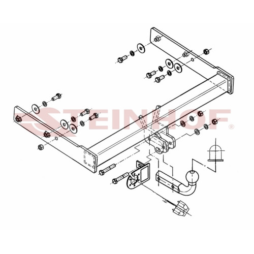 V-125 STEINHOF Фаркоп на Volkswagen Transporter, Caravelle, Multivan T5 2WD/4WD 2003-2015, T6 2WD/4WD 2015-2024 (кроме версии с парктрониками) без подрезки бампера. Тип шара: A. Нагрузки: 2800/120 кг, масса фаркопа 16,5 кг (без электрики в комплекте)